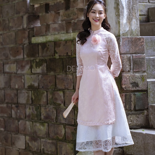Áo dài cách tân gấm hoa hồng phấn | Shopee Việt Nam